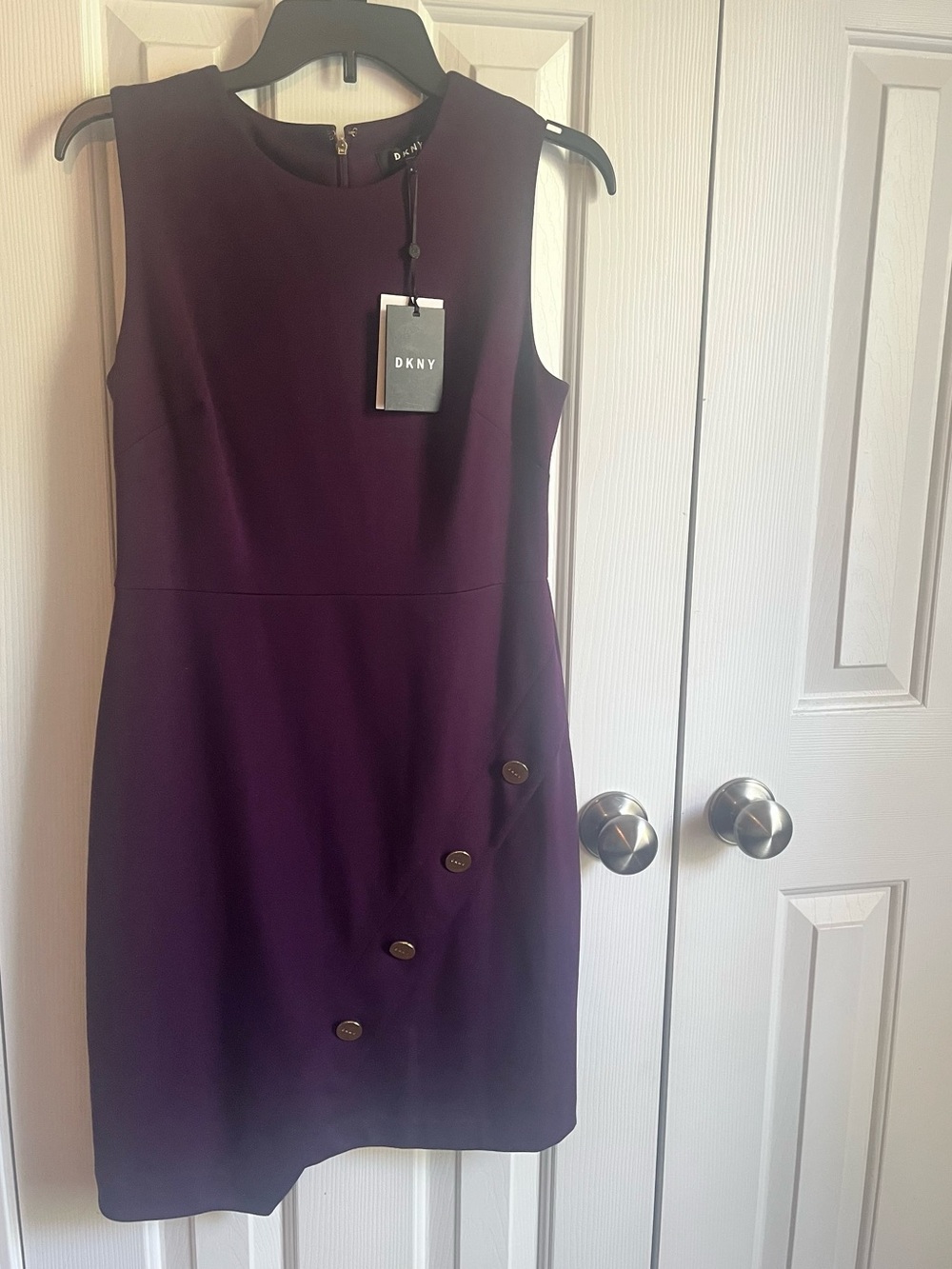 DKNY Sleeveless Plum Sheath Dress with Gold Buttons 8